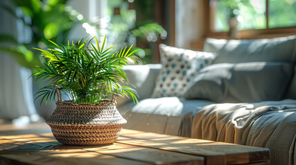 Fototapeta premium Photo of a Cozy Living Room Vignette Wooden Coffee Table with Houseplant and Wicker Basket Near Grey Sofa