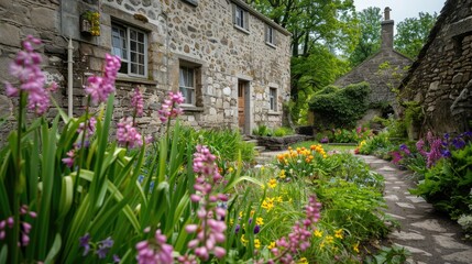 A garden with a stone house and a brick wall. The garden is full of flowers and plants, including pink flowers and yellow flowers