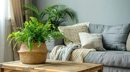 Fototapeta premium Photo of a Cozy Living Room Vignette Wooden Coffee Table with Houseplant and Wicker Basket Near Grey Sofa