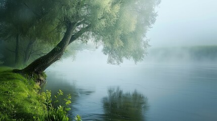 Fototapeta premium Misty Riverbank on a Cool Morning
