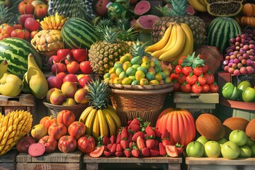 A vibrant display of fresh fruits and vegetables arranged on wooden market stands, showcasing a bounty of colors and textures. Generative AI