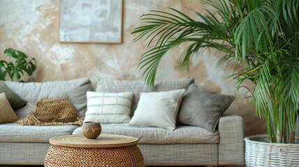 Photo of a Cozy Living Room Vignette Wooden Coffee Table with Houseplant and Wicker Basket Near Grey Sofa