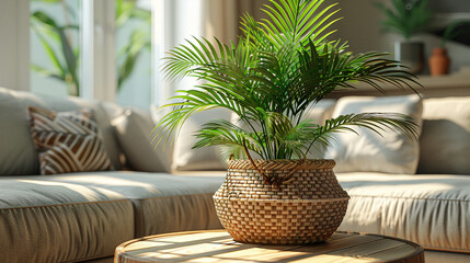 Fototapeta premium Photo of a Cozy Living Room Vignette Wooden Coffee Table with Houseplant and Wicker Basket Near Grey Sofa