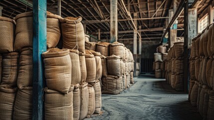 A warehouse with a lot of bags of rice stacked up. The bags are brown and the warehouse is very dark