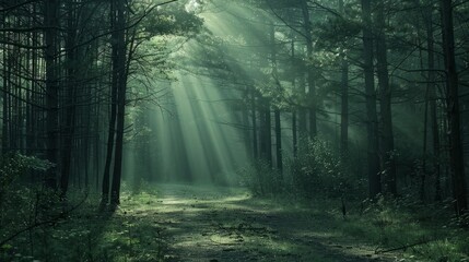 Fototapeta premium Misty Morning in a Green Pine Forest