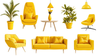 Collection of yellow modern furniture , sofa, chair, planter, table, lamp on transparent background