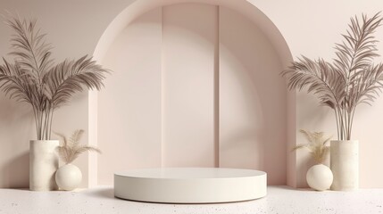 Minimalist 3D render of a white podium or pedestal with an arch, dried palm leaves, and a neutral background. Ideal for showcasing beauty and cosmetic products.