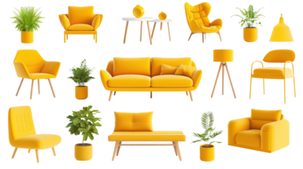Collection of yellow modern furniture , sofa, chair, planter, table, lamp on transparent background