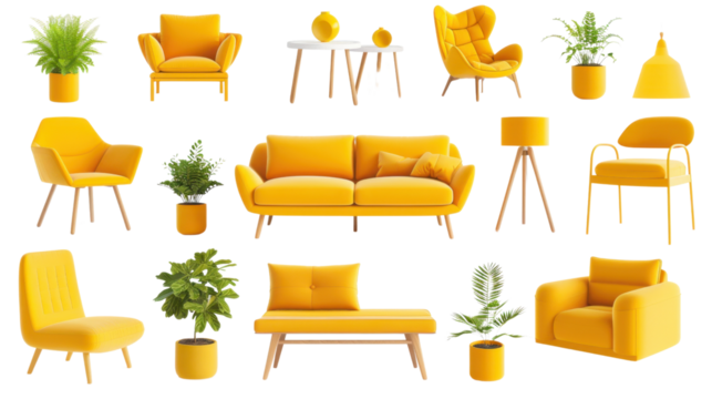 Collection of yellow modern furniture , sofa, chair, planter, table, lamp on transparent background