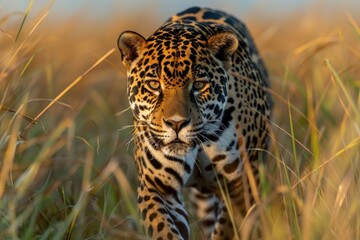 Obraz premium A jaguar is walking through tall grass. The image has a mood of wildness and adventure