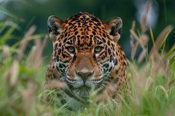 Obraz premium A jaguar is staring at the camera in a grassy field. The image has a moody and mysterious feel to it, as the jaguar's piercing gaze seems to be looking right through the camera lens