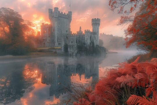 A castle is reflected in the water of a river. The castle is surrounded by trees and the water is calm