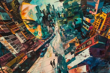 Fototapeta premium A beautiful watercolor painting of a woman's face and a city street