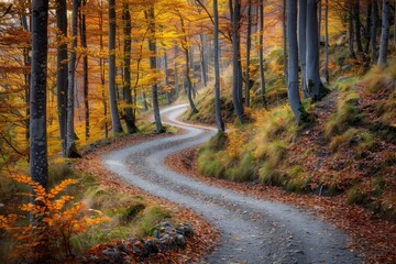 Fototapeta premium Autumn Forest Path Covered in Leaves