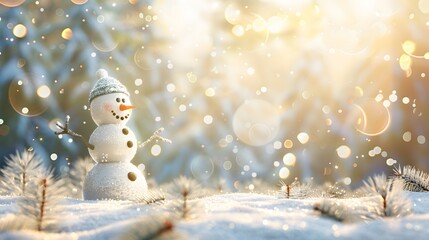 Obraz premium Winter background with Christmas toys in snow, snowflakes, with beautiful light and bokeh on blue sky in evening