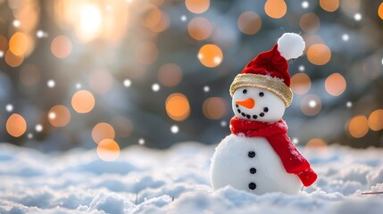 Winter background with Christmas toys in snow, snowflakes, with beautiful light and bokeh on blue sky in evening