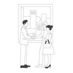 Real estate transaction. The realtor hands over the keys to the apartment to the happy tenants. Linear illustration on the topic of renting and buying real estate