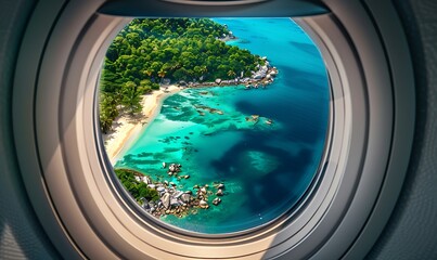 An airplane window with a city and ocean