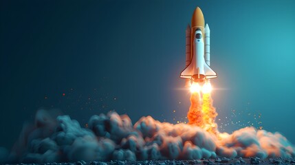 Successful Launch of Innovative Rocket on Blue Background Concept of Spaceship Lift off and Entrepreneurial Beginnings