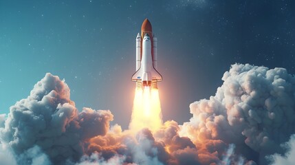 Successful Launch of Innovative Rocket on Blue Background Concept of Spaceship Lift off and Entrepreneurial Beginnings