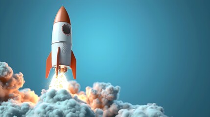 Naklejka premium Successful Launch of Innovative Rocket on Blue Background Concept of Spaceship Lift off and Entrepreneurial Beginnings