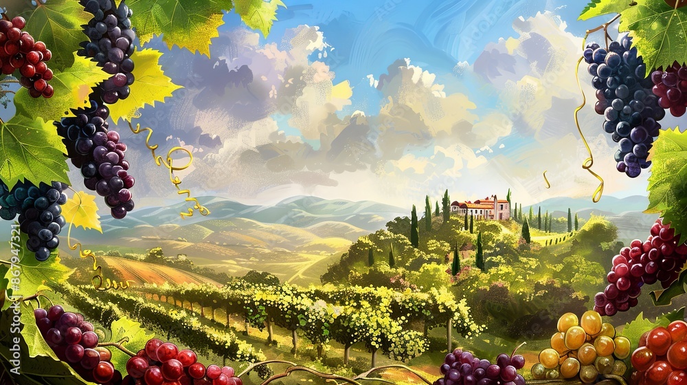 Poster a picturesque vineyard scene with clusters of grapes hanging from vines in the foreground, a distant