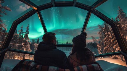 Couple watching the northern lights in a cozy glass igloo