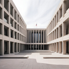 Fototapeta premium Grand brutalist architecture courtyard with repeating geometric facade and flag