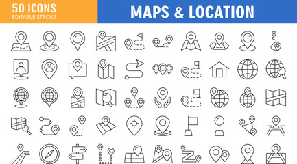 Maps and location icon set. Map with a Pin, Route map, Navigator, Direction, location and more. Editable Stroke. Vector illustration