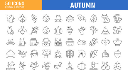 Set of 50 autumn Line Icons Editable Stroke