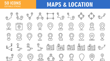  Location line icon. Editable Stroke. Containing Icons as Map with a Pin, Route map, Navigator, Direction, location and more. Editable Stroke. Vector illustration