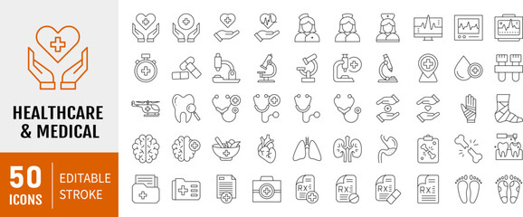 Healthcare and Medical Icons set. Hospital, patient, medicine, pharmacy, nurse, prescription and medical report. Editable Stroke. Vector illustration