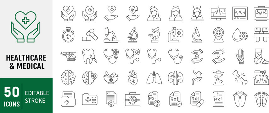 Healthcare and Medical line editable Icons set. Containing icons: Hospital, patient, medicine, pharmacy, nurse, prescription and medical report. Vector illustration