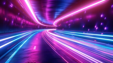 Obraz premium Vibrant neon lights streak through a tunnel, creating a futuristic, dynamic, and colorful urban scene full of energy and motion.