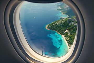 A view of a beach from an airplane window