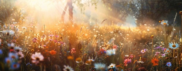 Fototapeta premium Sunbeams illuminate a meadow bursting with vibrant wildflowers, daisies, and blossoms. Concept of spring, summer, nature's beauty, and idyllic landscapes.