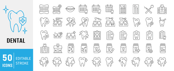 Dental icon set. Containing tooth, toothpaste, toothbrush, teeth, implant and dentistry icons. Dental icon collection. Editable Stroke. Vector illustration