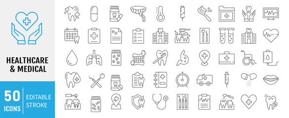 Medical Icons set. Hospital, patient, medicine, pharmacy, nurse, prescription and medical report. Editable Stroke. Vector illustration
