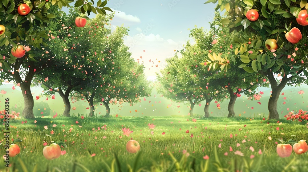 Aufkleber a beautiful apple orchard with ripe apples on the branches and pink petals falling from the trees, a