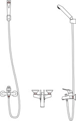 Vector silhouette illustration sketch of a detailed design of a monoblock faucet and shower with a long hose in a home bathroom