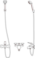 Vector silhouette illustration sketch of a detailed design of a monoblock faucet and shower with a long hose in a home bathroom