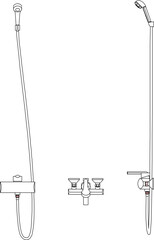 Vector silhouette illustration sketch of a detailed design of a monoblock faucet and shower with a long hose in a home bathroom