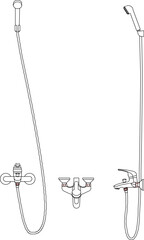 Vector silhouette illustration sketch of a detailed design of a monoblock faucet and shower with a long hose in a home bathroom