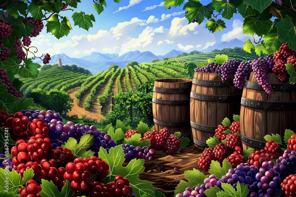 Poster a lush vineyard scene with rows of grapevines, barrels, and ripe grapes in the foreground, all bathe