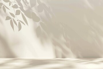 Minimalist background with sunlight and leaf shadows on wall. Empty podium for product placement. Concept of natural beauty, cosmetics display, and wellness.