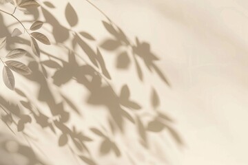 Obraz premium Abstract background with shadows of leaves on beige wall. Aesthetic floral blurred shadows overlay effect for product presentation, mockup, branding. Minimal, nature, art concept.