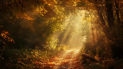 Timeless Tranquility: A Sunlit Pathway Through Fallen Trees