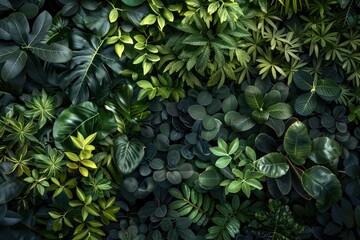 Fototapeta premium Lush Green Wall of Tropical Leaves. Natural Background Texture