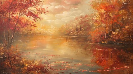 Tranquil Autumn Reflections: Serene Lake Amid Vibrant Red and Gold Foliage
