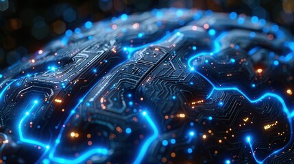 Fototapeta premium Brain decorated with blue glowing electrical circuits.